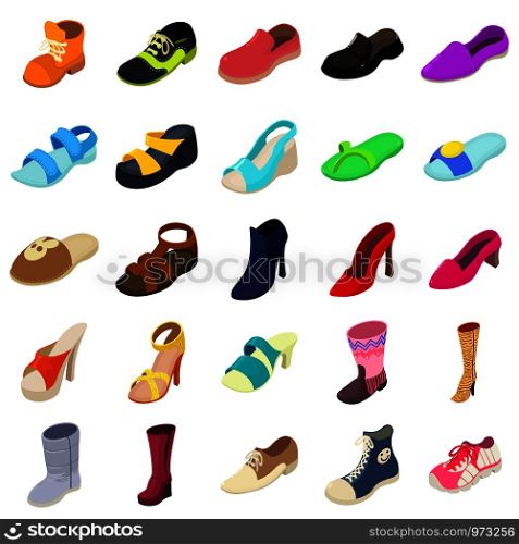 Shoes fashion types icons set. Isometric illustration of 25 shoes fashion types vector icons for web. Shoes fashion types icons set, isometric style