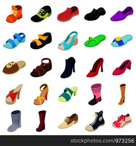 Shoes fashion types icons set. Isometric illustration of 25 shoes fashion types vector icons for web. Shoes fashion types icons set, isometric style