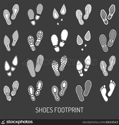 Shoes Footprint Set. Monochrome icons set of pair shoes footprint with black background vector illustration