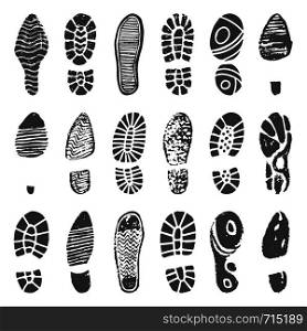 Shoes footprint silhouette. Sneaker shoes step, walking boot shoe steps imprint and man feet boots. Footprints step, leg footstep print isolated vector illustration icons set. Shoes footprint silhouette. Sneaker shoes step, walking boot shoe steps imprint and man feet boots isolated vector illustration