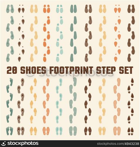 Shoes Footprints Colorful Tracks Set . Various fashion style and sizes footwear soles types 20 flat colorful tracks collection banner abstract vector illustration