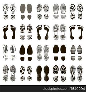 Shoes footprints. Footwear steps silhouette, boots or sneakers footstep print, barefoot textured steps isolated vector illustration icons set. Footwear print, step silhouette isolated collection. Shoes footprints. Footwear steps silhouette, boots or sneakers footstep print, barefoot textured steps isolated vector illustration icons set