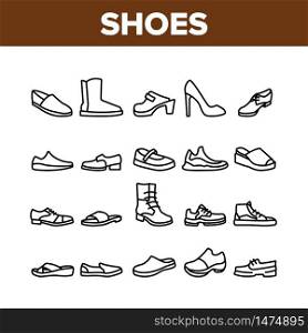 Shoes Footwear Shop Collection Icons Set Vector. Different Shoes Sneaker And Moccasin, Slippers And Boots, Toe And Loafer Concept Linear Pictograms. Monochrome Contour Illustrations. Shoes Footwear Shop Collection Icons Set Vector