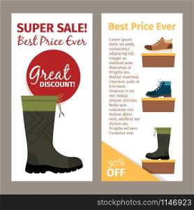 Shoes for men. Mans footwear like autumn boots. Vertical flyers design. Men autumn boots vertical flyers