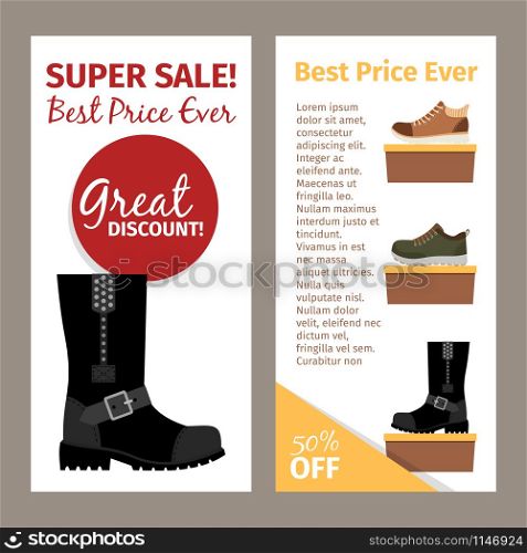 Shoes for men. Mans footwear like black leather sneakers and winter and autumn boots. Vertical flyers design. Men winter and autumn boots flyers