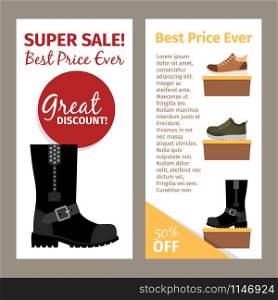 Shoes for men. Mans footwear like black leather sneakers and winter and autumn boots. Vertical flyers design. Men winter and autumn boots flyers