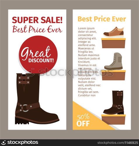 Shoes for men. Mans footwear like brown winter and autumn boots. Vertical flyers design. Men brown winter and autumn boots
