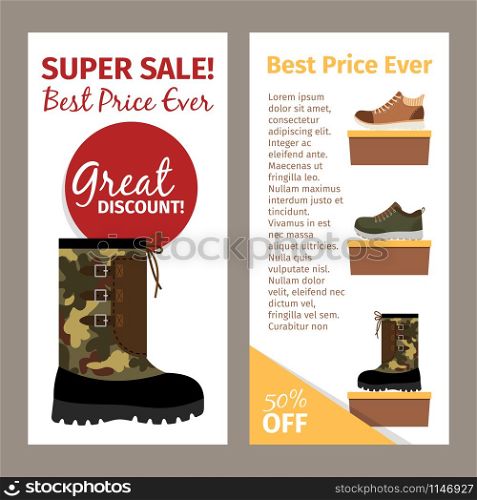 Shoes for men. Mans footwear like military autumn boots. Vertical flyers design. Mens military autumn boots vertical flyers