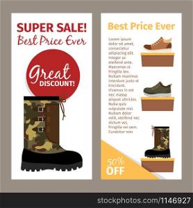 Shoes for men. Mans footwear like military autumn boots. Vertical flyers design. Mens military autumn boots vertical flyers