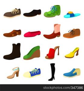 Shoes icons set in cartoon style. Footwear set isolated on white background. Shoes icons set, cartoon style