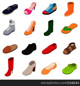Shoes icons set in isometric 3d style. Footwear set isolated on white background. Shoes icons set, isometric 3d style