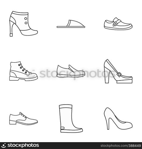 Shoes icons set. Outline illustration of 9 shoes vector icons for web. Shoes icons set, outline style