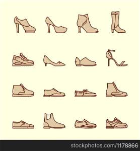 Shoes line vector icons. Sneakers and women shoes, footwear icons vintage style. Women shoes line icons
