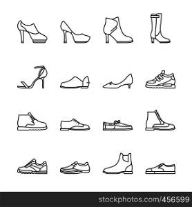 Shoes line vector icons. Sneakers and women shoes, footwear linear icons. Vector illustration. Shoes line vector icons