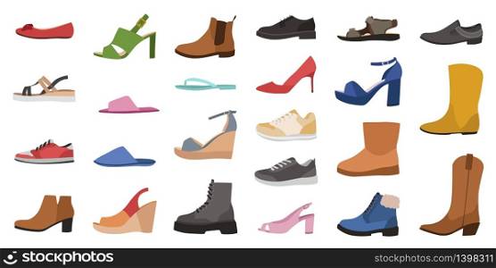 Shoes. Mens, womens and childrens footwear different types, trendy casual, stylish elegant glamour and formal shoes cartoon vector side view set. Shoes. Mens, womens and childrens footwear different types, trendy casual, stylish elegant glamour and formal shoes cartoon vector set