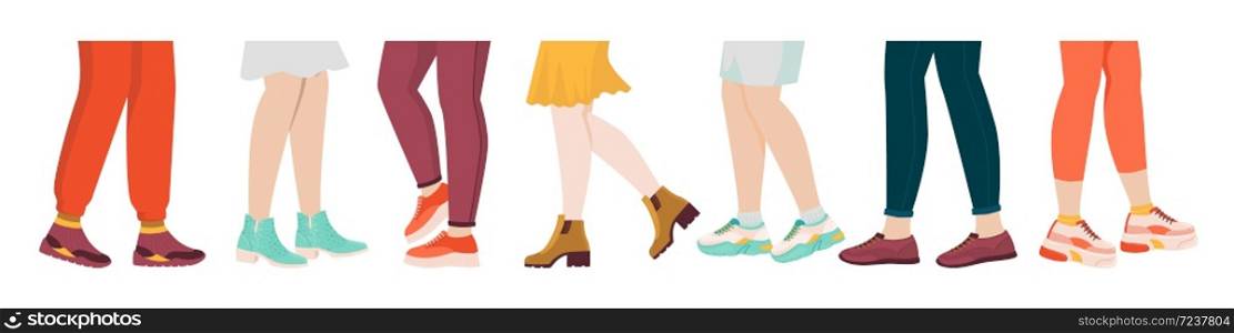 Shoes on legs. Cartoon sport and fashion wear on foot, female and male legs with sneakers and socks. Vector illustration hand drawn set stylish boots and other shoe. Shoes on legs. Cartoon sport and fashion wear on foot, female and male legs with sneakers and socks. Vector hand drawn set