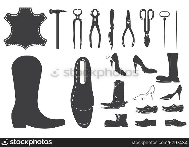 Shoes repair design elements. Leather workshop. Set of shoemaker tools. Design element for logo, label, emblem, sign. Vector design element
