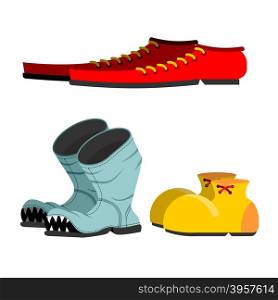 Shoes set. Old broken boots. Shoes for men long. Funny Clown shoes.&#xA;