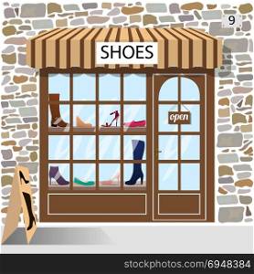 Shoes shop building facade of stone.. Shoes shop building facade of stone. Shoes and boots in the shop window.Vector illustration eps 10.