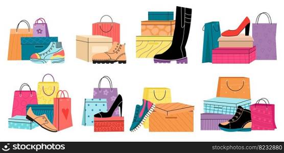 Shoes shopping boxes, sneakers and female shoe. Fashion store craft paper package, colorful different shopping bags. Decent boots and gumshoes vector composition of woman boots purchase illustration. Shoes shopping boxes, sneakers and female shoe. Fashion store craft paper package, colorful different shopping bags. Decent boots and gumshoes vector composition