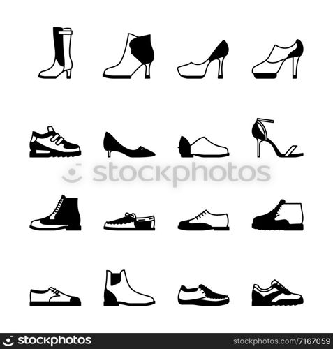 Shoes silhouette vector set. Sneakers, women footwear, boats isolated on white background. Shoes silhouette set