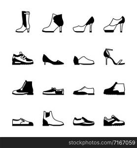 Shoes silhouette vector set. Sneakers, women footwear, boats isolated on white background. Shoes silhouette set