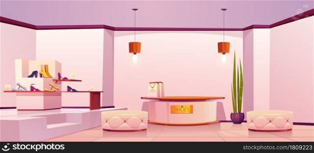 Shoes store interior, shop with footgear production on shelves, furniture and illumination. Women fashionable footwear boutique with podium, desk, fitting couches and decor Cartoon vector illustration. Shoes store interior shop with footgear production