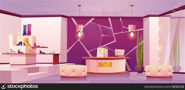 Shoes store interior with women footwear on shelves. Vector cartoon illustration of empty boutique inside, luxury shop with shoes on rack, poufs, mirror, shopping bags with boxes on counter. Shoes store interior with women footwear on rack
