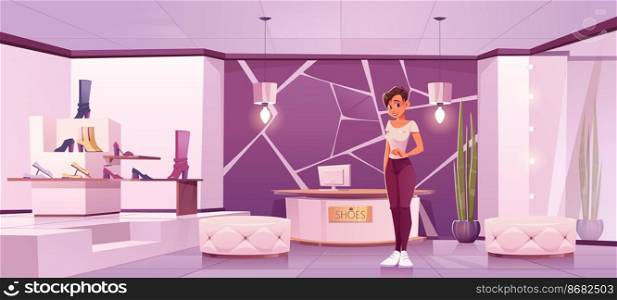 Shoes store with girl seller and women footwear on shelves. Vector cartoon illustration of boutique interior, luxury shop with shoes on rack, poufs, mirror and cashier counter. Shoes store with girl seller and women footwear