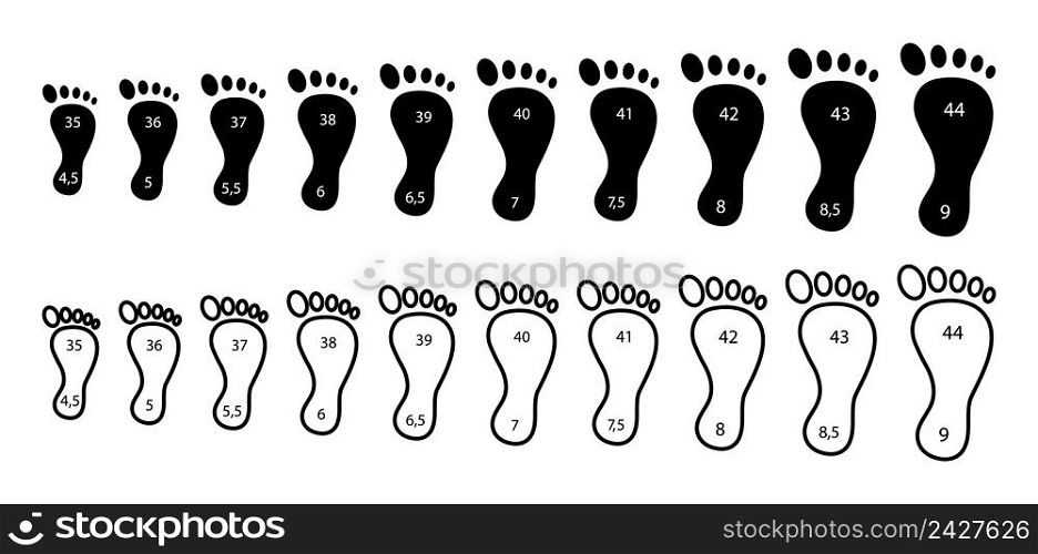 Shoes to size. Different foot sizes. Shoes with small and large footprints. Meter from 35 to 44 sizes. Black outline icons isolated on white background. Vector.