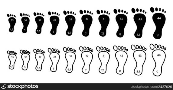 Shoes to size. Different foot sizes. Shoes with small and large footprints. Meter from 35 to 44 sizes. Black outline icons isolated on white background. Vector.