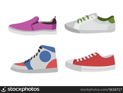 Shoes. Types of footwear. Mens or womens clothes for sport and casual wear. Side view of trendy sneaker and slip-on. Isolated fashionable bright footgear collection. Vector unisex foot accessories set. Shoes. Types of footwear. Mens or womens clothes for sport and casual wear. Side view of trendy sneaker and slip-on. Fashionable bright footgear collection. Vector unisex accessories set