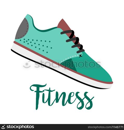 Shoes with text fitness isolated on the white background, vector illustration. Blue shoes with text fitness