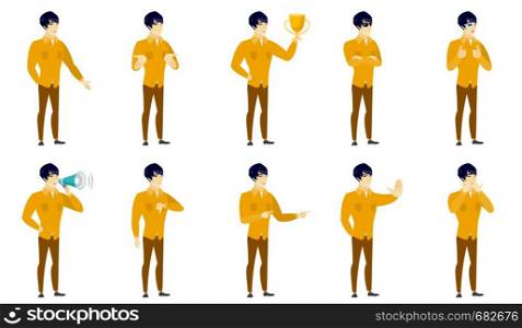 Shoked asian businessman covering mouth with hand. Full length of shoked businessman. Businessman with a shocked facial expression. Set of vector flat design illustrations isolated on white background. Vector set of illustrations with business people.