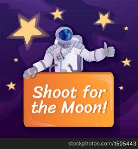 Shoot for Moon social media post mockup. Motivational phrase. Web banner design template. Cosmonaut with banner booster, content layout with inscription. Poster, print ads and flat illustration