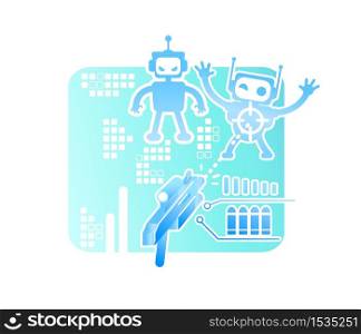 Shooter video game 2D vector web banner, poster. Robot boss in playable simulation. Arcade videogame flat characters on cartoon background. Simulator for entertainment. Cyberspace colorful scene. Shooter video game 2D vector web banner, poster