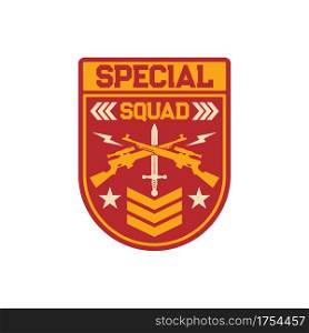 Shooters special snipers squad military chevron with crossed optical rifles and sword isolated. Vector american soldier insignia, US army patch with armour rifle. Gunpoint gun, armored troops emblem. Military chevron shooters snipers squad isolated
