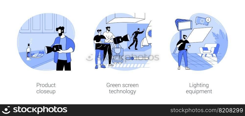 Shooting advertising isolated cartoon vector illustrations set. Camera man filming product closeup, videography, green screen technology, add special effect, lighting equipment vector cartoon.. Shooting advertising isolated cartoon vector illustrations se