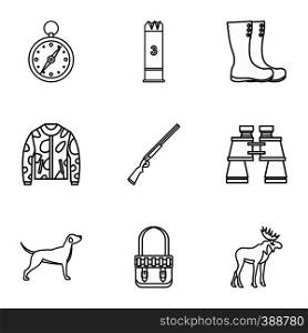 Shooting at animals icons set. Outline illustration of 9 shooting at animals vector icons for web. Shooting at animals icons set, outline style