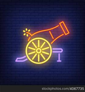 Shooting cannon neon icon. Bright circus gun on dark brick wall background. Night bright advertisement. Vector illustration in neon style for carnival or performance poster