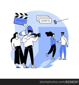 Shooting day isolated cartoon vector illustrations. Young director leads the filming process, content creation idea, professional production studio, marketing agency vector cartoon.. Shooting day isolated cartoon vector illustrations.