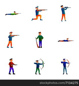 Shooting man icon set. Cartoon set of 9 shooting man vector icons for web design isolated on white background. Shooting man icon set, cartoon style