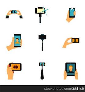 Shooting on cell phone icons set. Flat illustration of 9 shooting on cell phone vector icons for web. Shooting on cell phone icons set, flat style