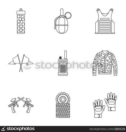 Shooting paintball icons set. Outline illustration of 9 shooting paintball vector icons for web. Shooting paintball icons set, outline style