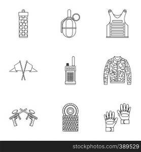 Shooting paintball icons set. Outline illustration of 9 shooting paintball vector icons for web. Shooting paintball icons set, outline style