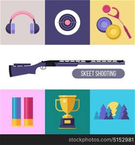 Shooting Skeet. Set of colored vector design elements. Square icons.
