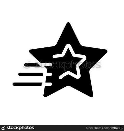 Shooting star black glyph icon. Make wish upon falling star. Burning meteor in atmosphere. Dynamic movement. Silhouette symbol on white space. Solid pictogram. Vector isolated illustration. Shooting star black glyph icon