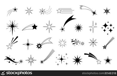 Shooting star icon. Flying comet with tail, falling meteor, abstract fantasy galaxy element, decorative night sky object silhouette. Vector isolated set. Cosmic objects with sparks and glitter. Shooting star icon. Flying comet with tail, falling meteor, abstract fantasy galaxy element, decorative night sky object silhouette. Vector isolated set