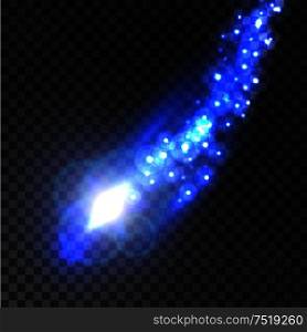 Shooting star or comet with blue glowing trail of shining lights, sparkles and flares. Light effects on transparent background for art design. Shooting star or comet with light effects, flares