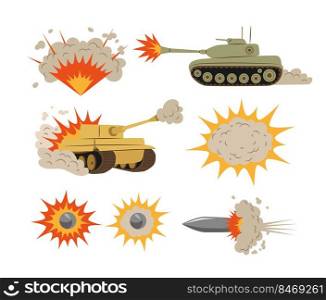 Shooting tanks and explosions vector illustrations set. Collection of cartoon drawings of bomb blasts, fire, clouds of smoke after burst, gun bullets on white background. War, armament concept